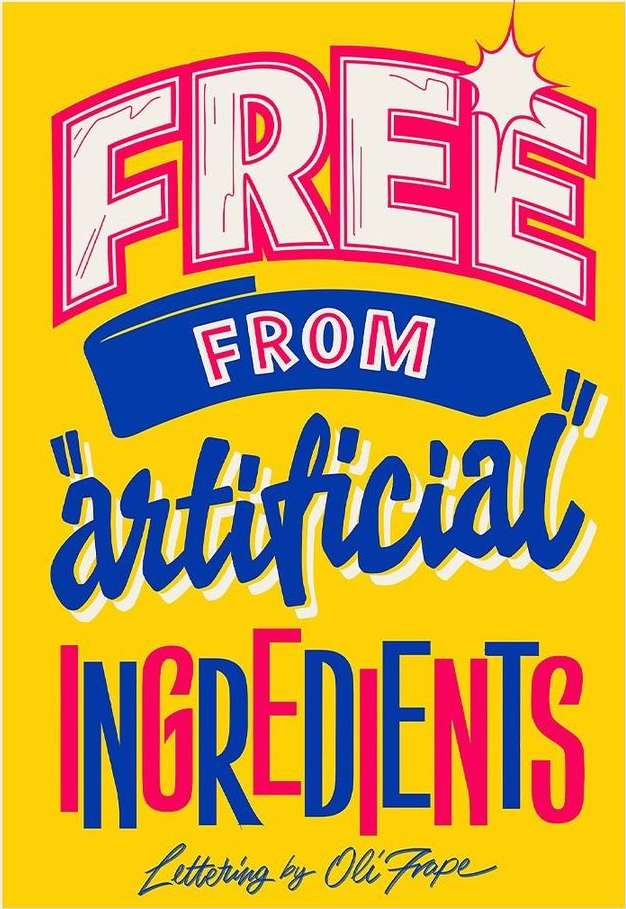 Bold graphic art promoting "Free From Artificial Ingredients," featuring eye-catching lettering in pink, white, and blue on a yellow background.