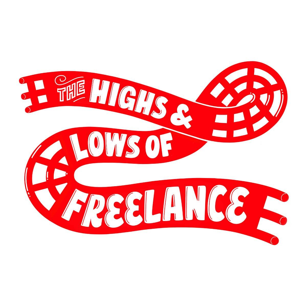 Red illustrative graphic of 'The Highs & Lows of Freelance' featuring a playful ribbon design against a white background.