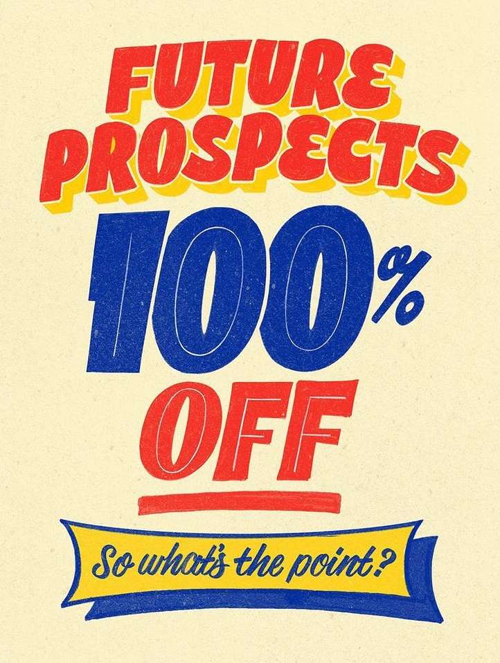 Retro-style graphic art with bold text elements displaying a promotional message, with vibrant use of red, yellow, and blue on a beige backdrop.