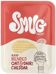 Product packaging for SMUG Dairy sliced blended oat and dairy cheddar with bold typography and illustration by Oli Frape.