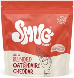 Red pouch packaging for SMUG Dairy grated oat and dairy cheddar with bold white typography and illustrated pizza slice hand graphic
