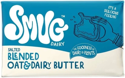 Blue and cream product packaging illustration for Smug Dairy oat and dairy butter by illustrator Oli Frape.