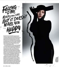 Woman in black turtleneck and wide hat with handwritten typography on the left panel