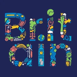Colorful typography illustration spelling Britain packed with icons of British culture and symbols against a dark blue background.