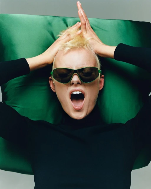 Expressive woman with hands on head, shouting, wearing sunglasses, turtleneck, and lying on a green cushion in a studio setting.