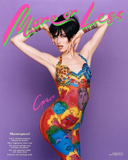Fashion magazine cover featuring a woman with body art posing against a purple background, vibrant title text, and article snippets.
