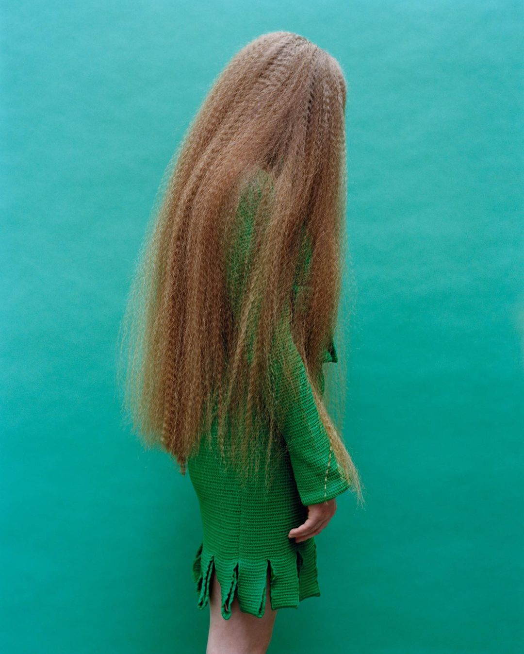 An adult female in a green dress stands against a green background, her long brown hair completely obscuring her face.