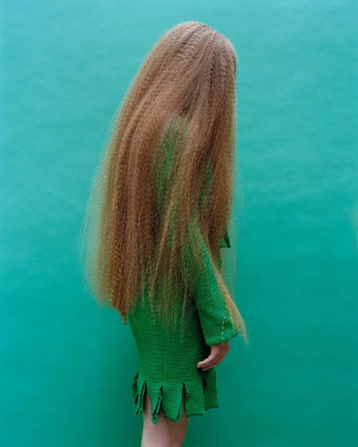 An adult female in a green dress stands against a green background, her long brown hair completely obscuring her face.