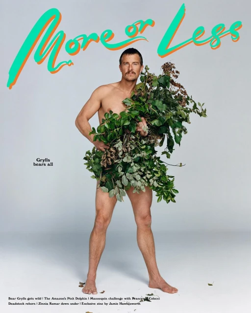 Nude man poses in photo studio with plants covering his body. The magazine cover features vibrant green, orange, and white typography.