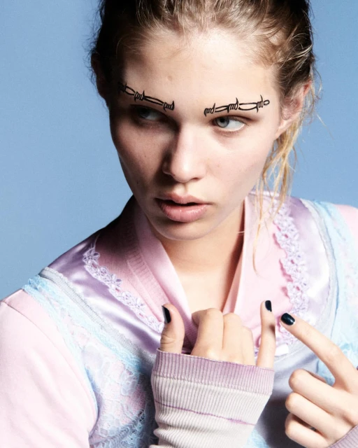Close-up shot of a blonde woman with barbed wire makeup over her eyebrows, wearing pastel tones, set against a light blue background.