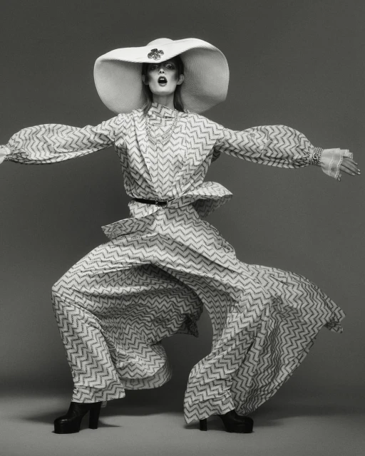 A striking black and white fashion shot of a model in a patterned outfit, wide hat, and platform boots against a gray studio backdrop.