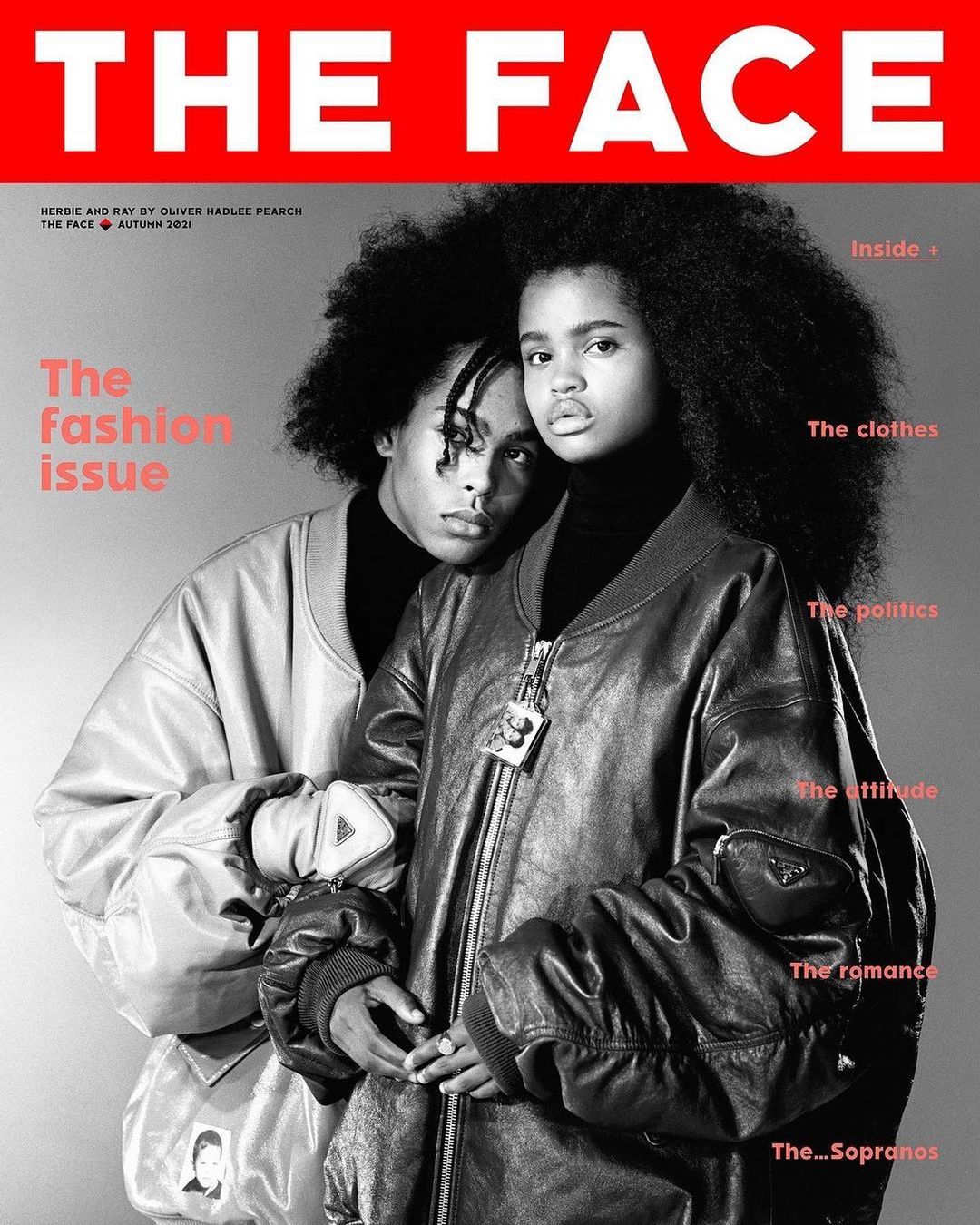 Black and white fashion magazine cover featuring two models wearing bomber jackets and black turtlenecks, with red masthead. 