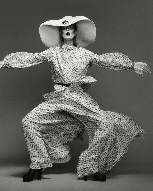 Woman in oversized patterned suit and hat poses in studio. Fashion shot in grey tones showcasing retro-inspired design and silhouette.