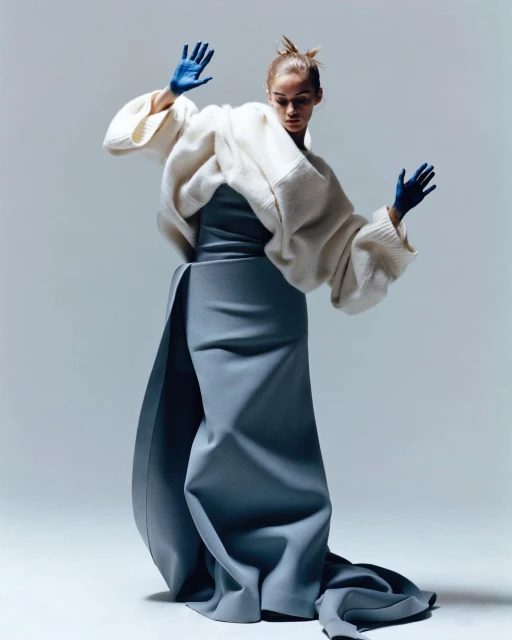 Fashion model in a voluminous white sweater and long blue skirt poses with hands raised against a solid grey background.