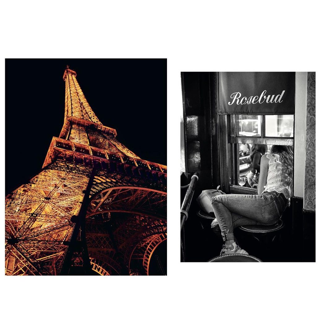 Eiffel Tower illuminated at night and a woman seated near a window in an indoor cafe scene, presented side-by-side against a white backdrop.