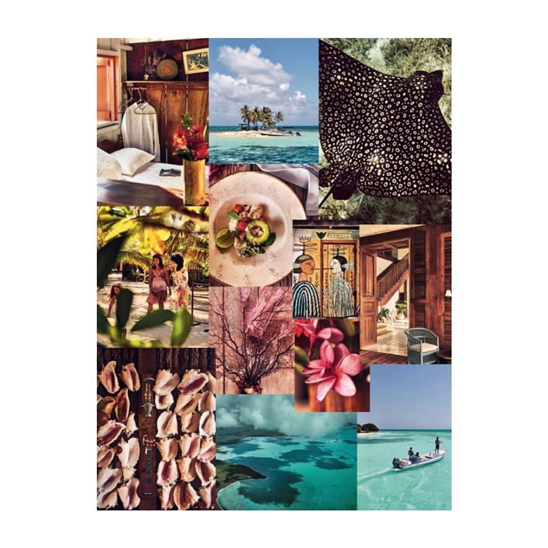 Collage of travel-themed visuals featuring tropical island, beaches, food, and interior decor.