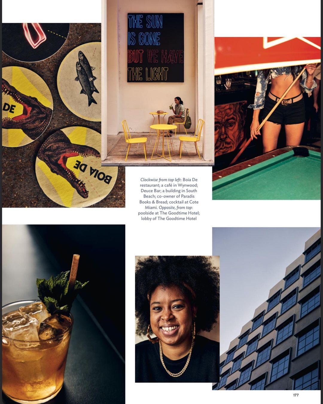 Collage of images: coasters with animal art, yellow cafe seating, woman playing pool, cocktail, smiling woman, modern architecture.