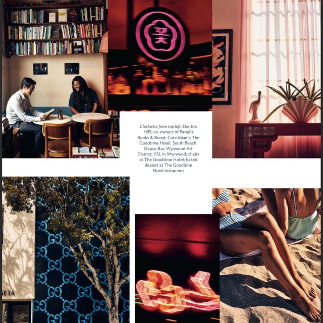Collage of interior design and lifestyle scenes features people in a bookstore, brand logos, neon signs, and beach scene.