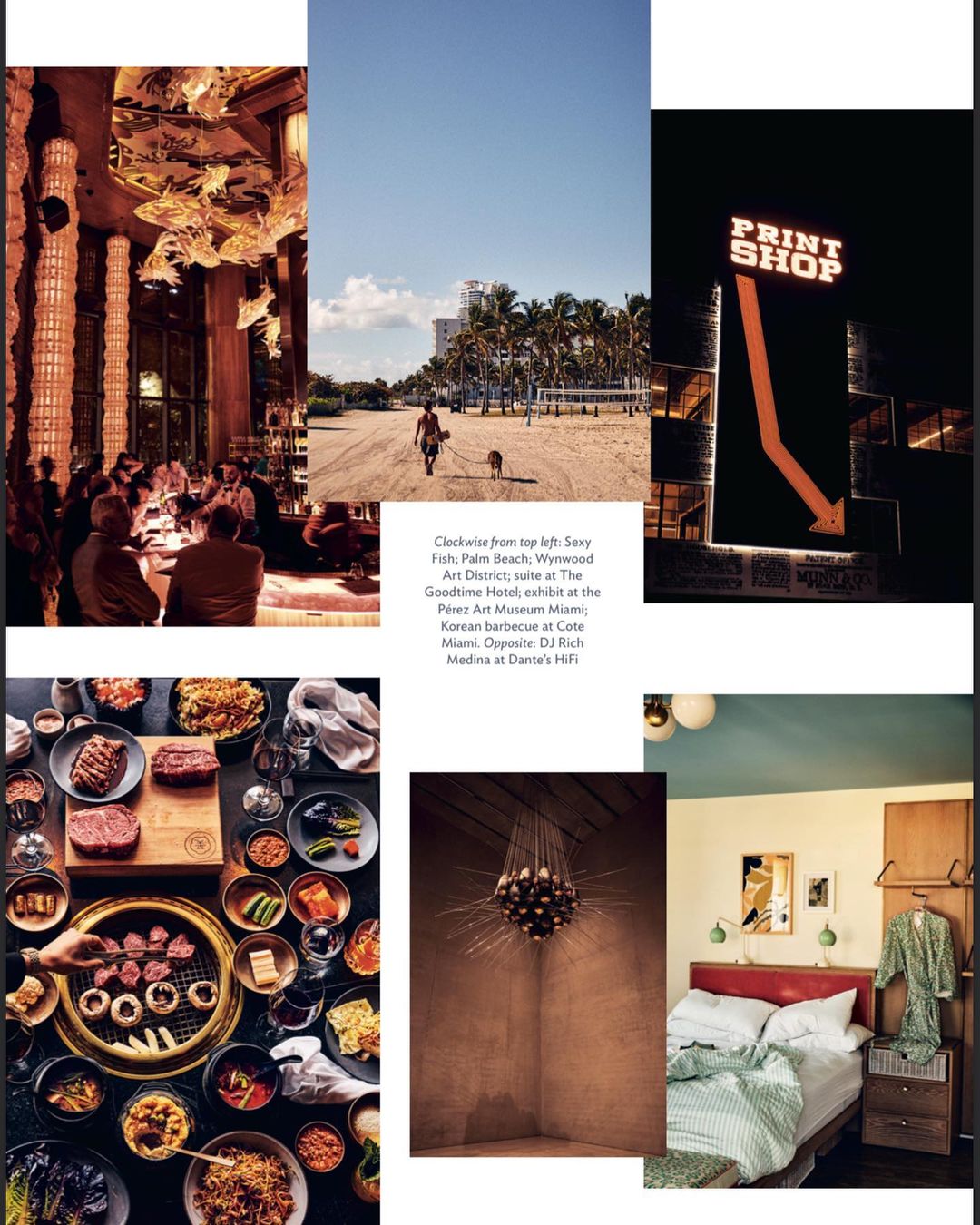 Collage showcasing diverse visuals: restaurant with a group of people, beach scene, neon shop signage, food spread, bedroom interior, and a light fixture.