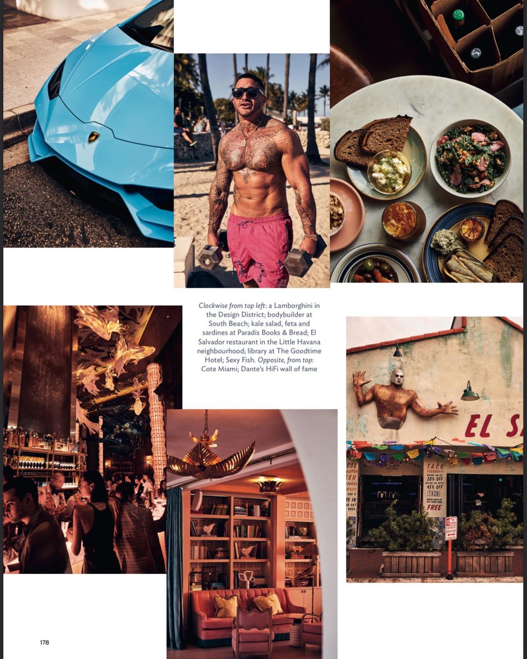 Collage of six lifestyle images: a turquoise sports car, a muscular man lifting weights, plates of food, a bar, and interior design shots.