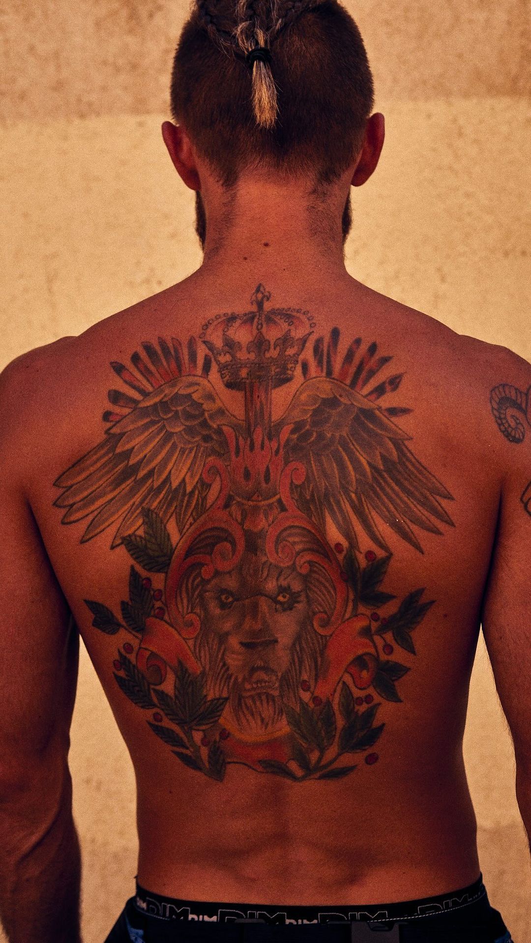 Back view of a man with a tattoo of a lion and eagle on his upper back, showing his skin texture and braided hair detail.