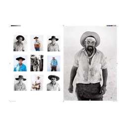 Black and white editorial photo spread showing multiple portraits of men wearing wide-brimmed hats against a plain white background.