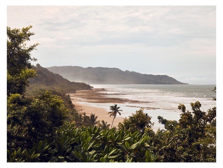 Elevated coastal landscape featuring a sandy beach, rolling waves, and distant forested hills under an overcast sky, framed by tropical foliage.