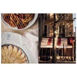 Diptych image showing sliced grilled food and plates on the left, and a traditional French brasserie storefront exterior on the right.