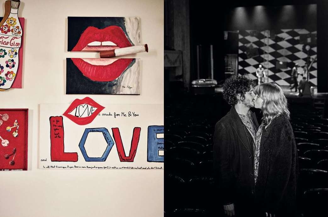 Split view showing pop art paintings of lips and the word love on the left, and a couple kissing in a theatre on the right.
