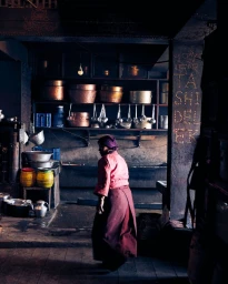 A person wearing a red top and purple skirt walks through a dimly lit kitchen with copper pots and utensils on shelves.
