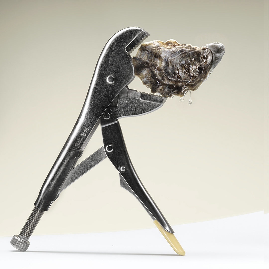 Close-up studio shot of a silver metal locking plier tool holding an oyster against a creamy background, creating a stark contrast.