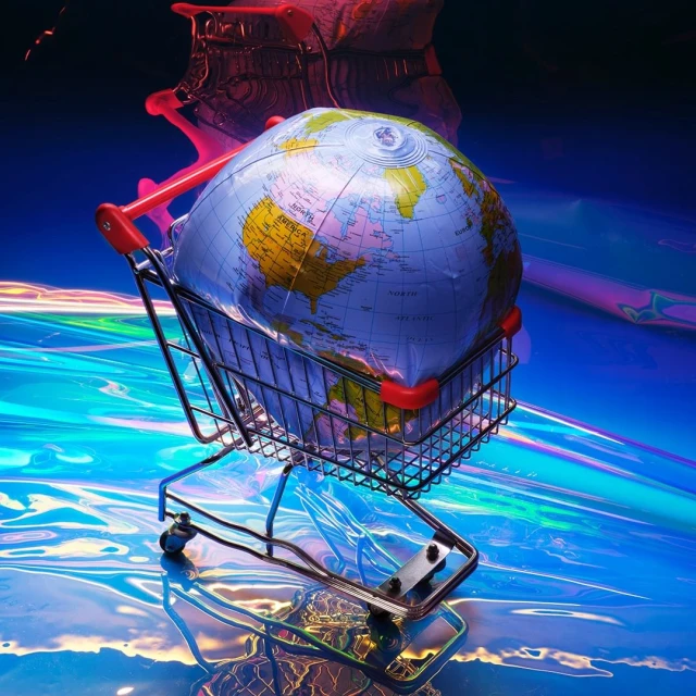 A shopping cart holds a world globe in a vividly lit scene. The background shows swirling colors, creating a visually striking image.