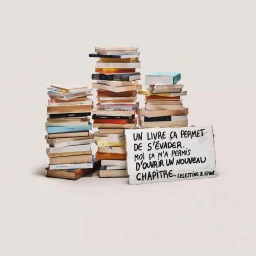 Three vertical stacks of books on a neutral backdrop with a handwritten cardboard sign resting in front