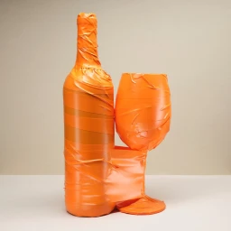 A wine bottle and wine glass wrapped entirely in bright orange tape, standing against a neutral background.