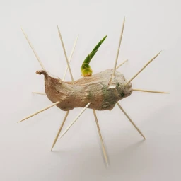 A ginger root pierced with multiple wooden toothpicks resting on a plain white background