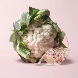 A fresh whole cauliflower with green leaves wearing a floral print face mask against a solid pink background.