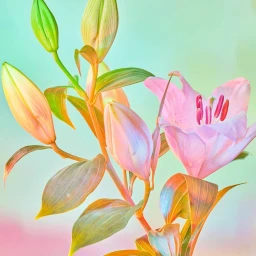 Close-up of pink lily blossom and green closed buds on stems against a soft gradient background photographed by Olivier Foulon.