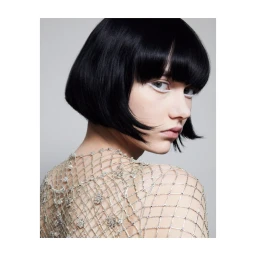 Model with jet black bob and white eyeliner wearing a metallic crystal mesh top against a light grey background