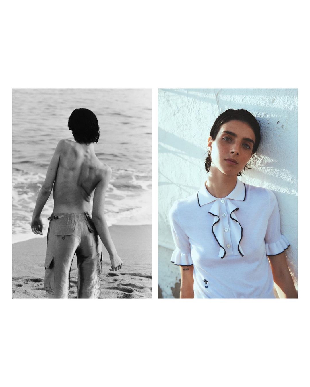 Monochrome diptych features a lean person in cargo pants on a beach and a person in white polo with dark trim against white wall.