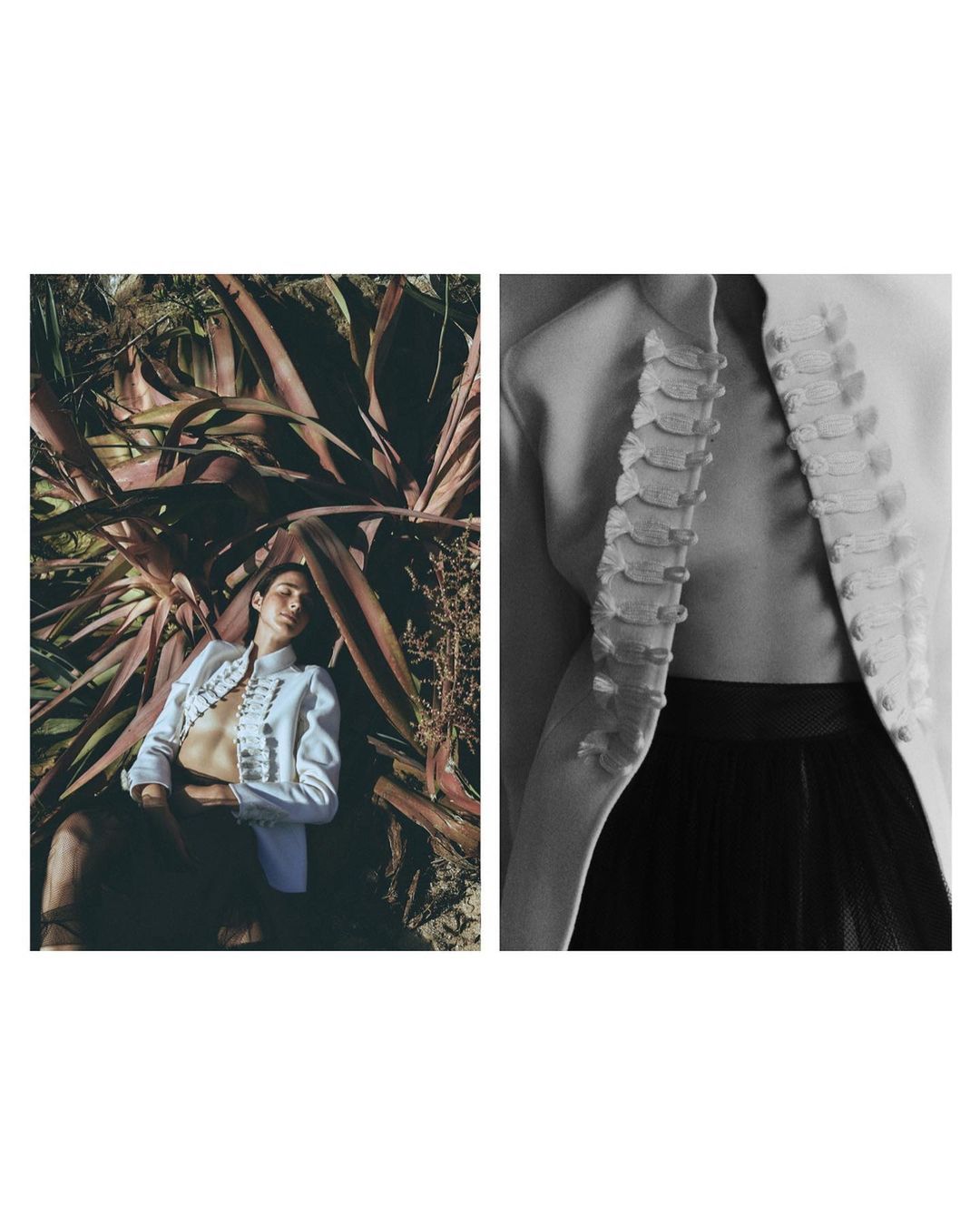 Fashion editorial shot of a young adult man in a white jacket, laying by succulent plants in an outdoor fashion photoshoot.