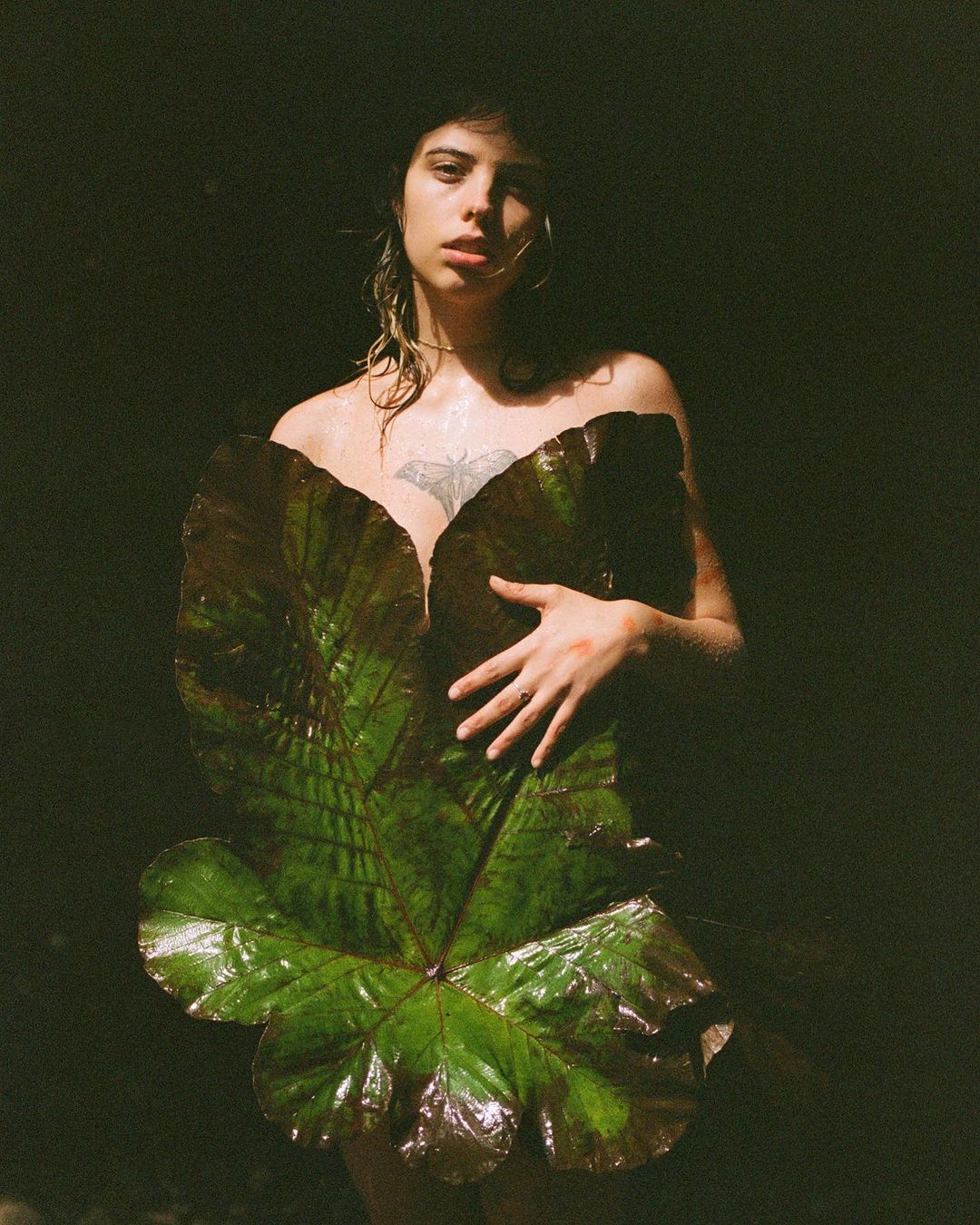Adult woman poses with a large green leaf covering her chest in a dark environment. The image features moody lighting and natural elements.