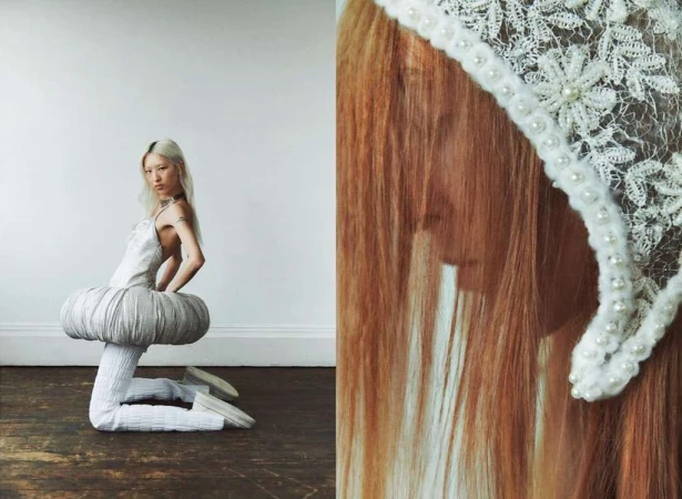 Woman in modern outfit kneeling indoors with blonde hair, wearing a white dress with textured leggings and ballet flats on a wood floor.