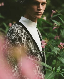Close-up portrait of a male model wearing a patterned cardigan and a white mock turtleneck standing among lush green foliage.