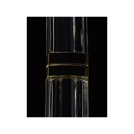 Elegant close-up of a tall, clear glass vase with gold accents, set against a solid black background. Clear glass details.