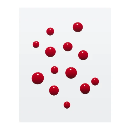 Floating array of red glossy spheres, creating a visually dynamic composition against a soft, diffused white background.