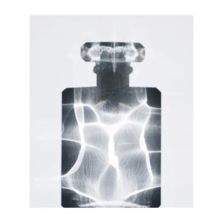 Abstract view of transparent perfume bottle with visible refraction patterns on a white background in a studio lighting environment.