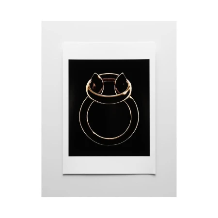 Abstract studio shot of a gold metal ring against a black backdrop, presented in a white frame. Simple, modern composition.