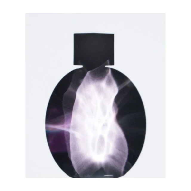 Abstract perfume bottle silhouette with a translucent, ethereal glow inside against a white background in a square format.