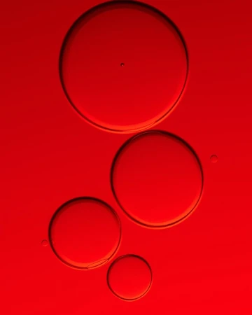 Abstract still life featuring four translucent spheres in varying sizes against a vibrant red background with subtle light and shadow play.