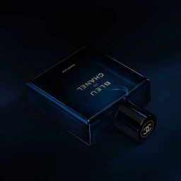 Bleu de Chanel perfume bottle photographed in low-key lighting against a dark navy blue background.
